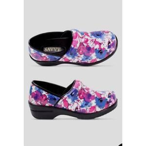 Savvy Women's Brandy Pink/Purple Flower Slip Resistant Nursing Clogs Size 11